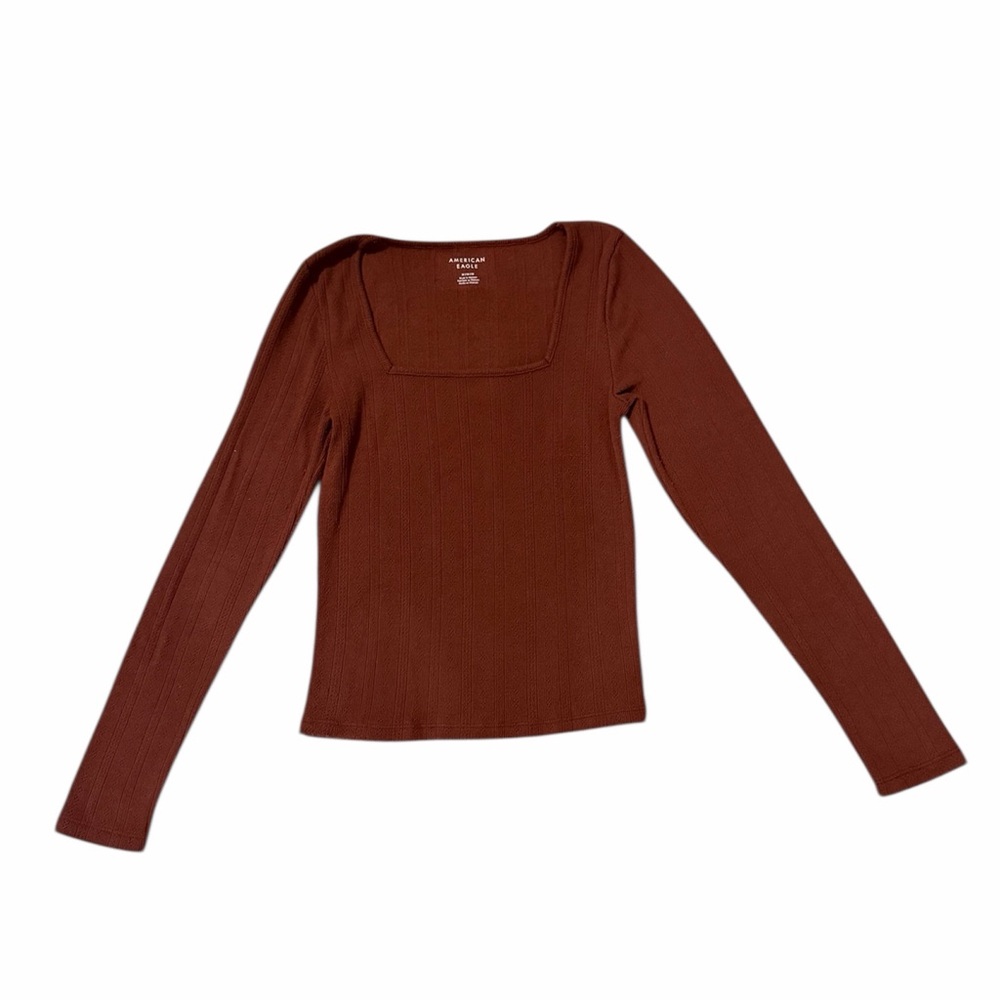 American Eagle Outfitters Ribbed Square Neck Long Sleeve Top - Chocolate Brown